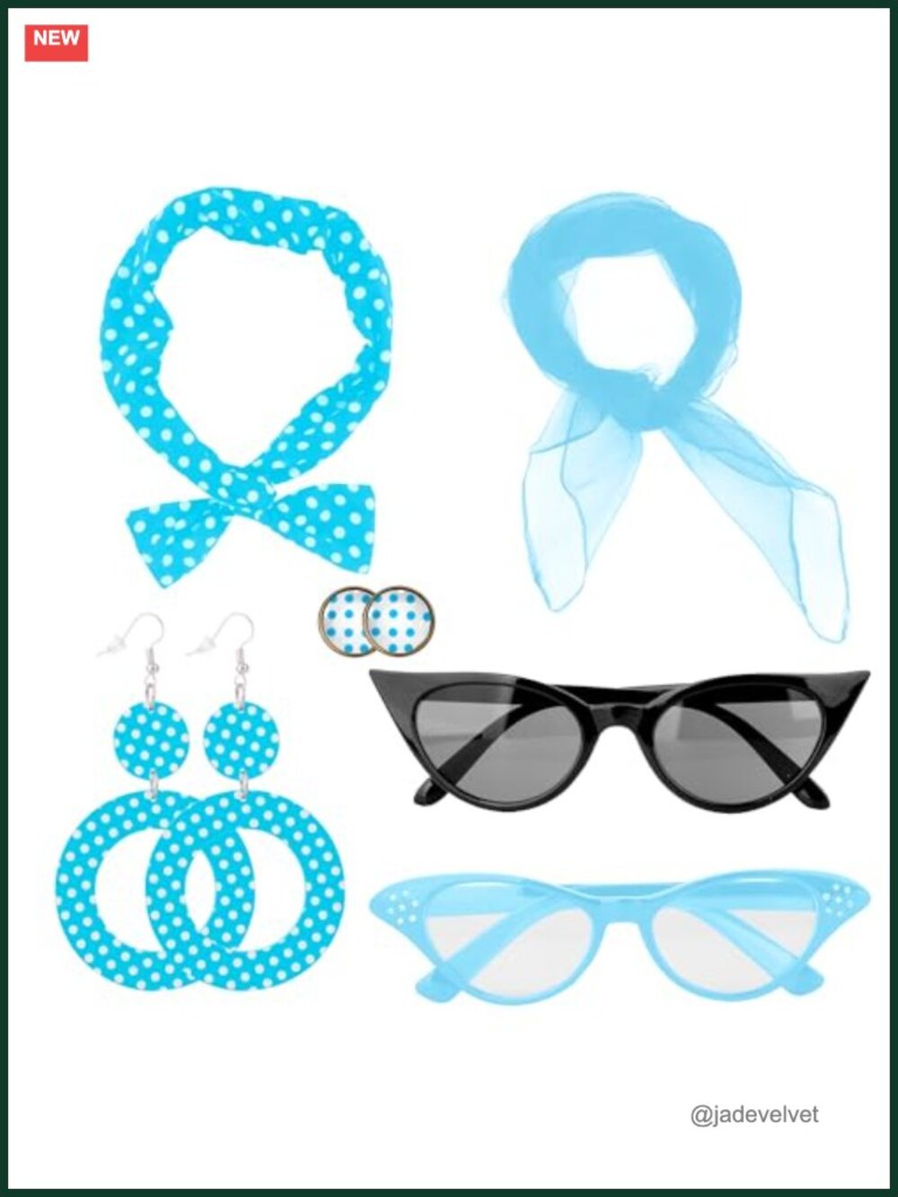 1950s Costume Accessory Set Cat Eye Glasses Polka Dot Earrings Headband Scarf